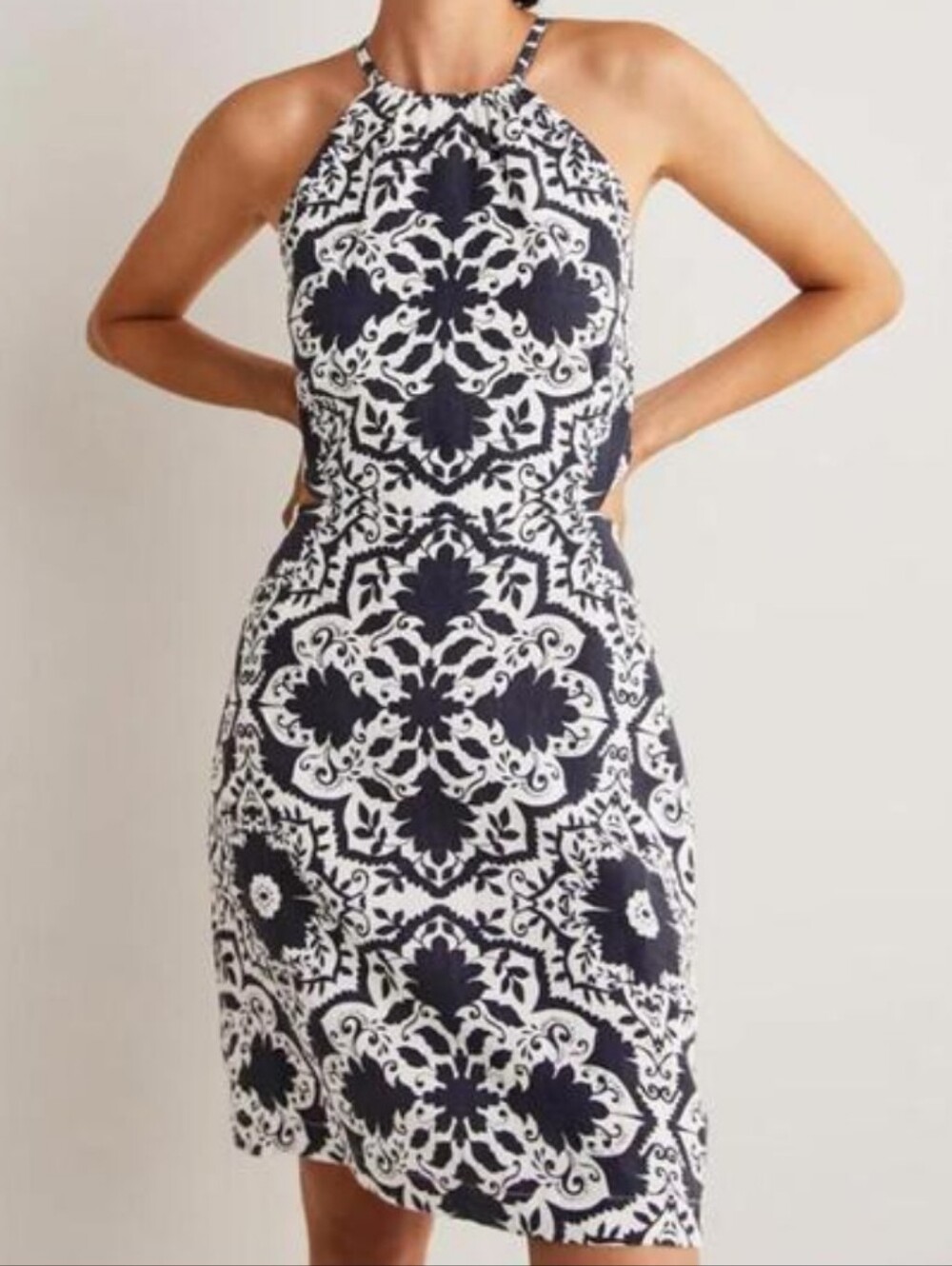 BODEN Bloomsbury Navy and white Cotton tile pattern open back mini dress sz 10